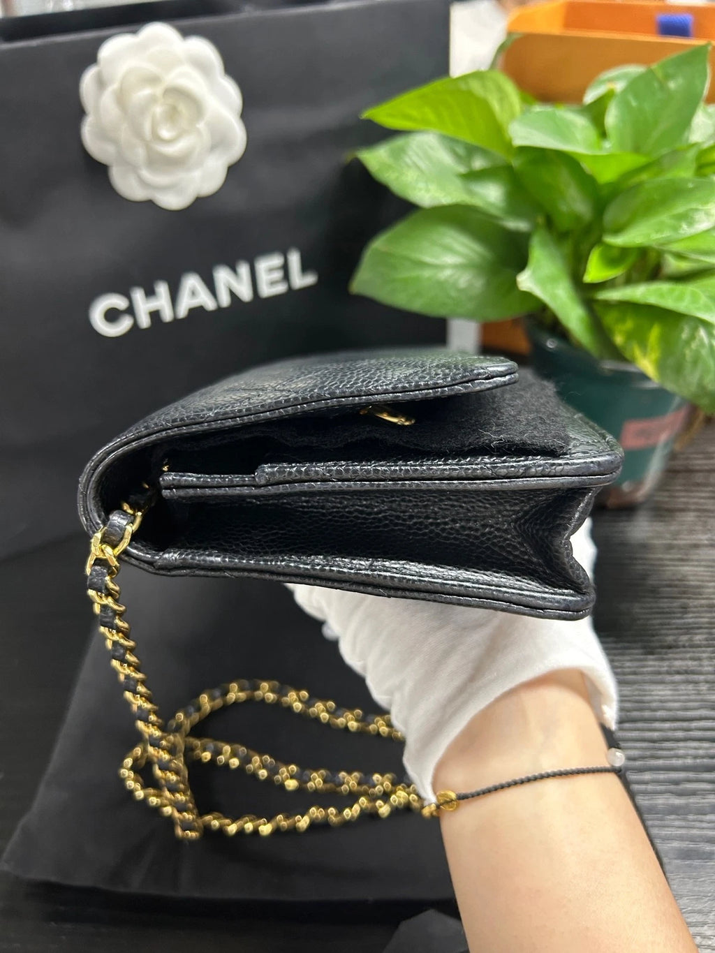 Chanel WOC Chain Shoulder Bag Black Gold Diamond Women Classic