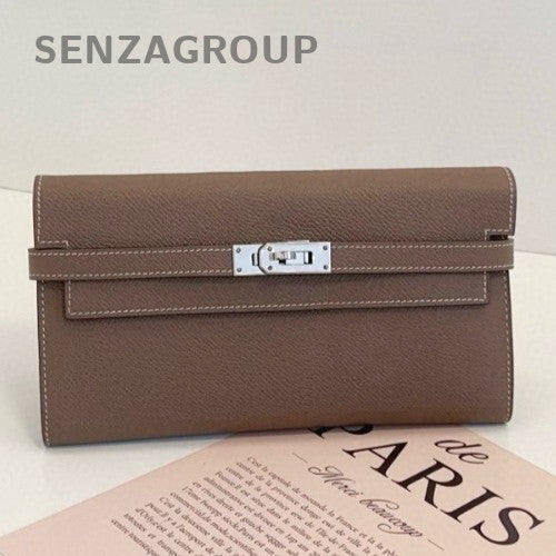 Hermes Kelly Long Wallet Epsom Leather Clutch Bag Gray Women