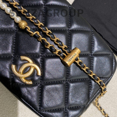 Chanel Quilted Caviar Camera Bag with Pearl Chain Black Gold Crossbody