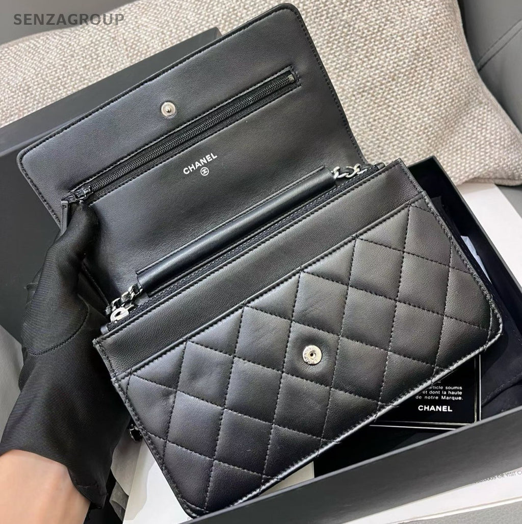 Chanel WOC Chain Crossbody Shoulder Bag Black Silver Women Diamond Classic