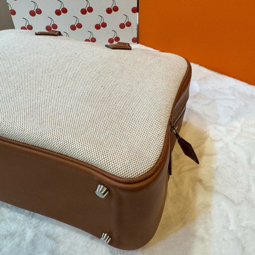 Hermes Plume32 Canvas Top Handle Shoulder Bag Beige Brown Silver Women Classic