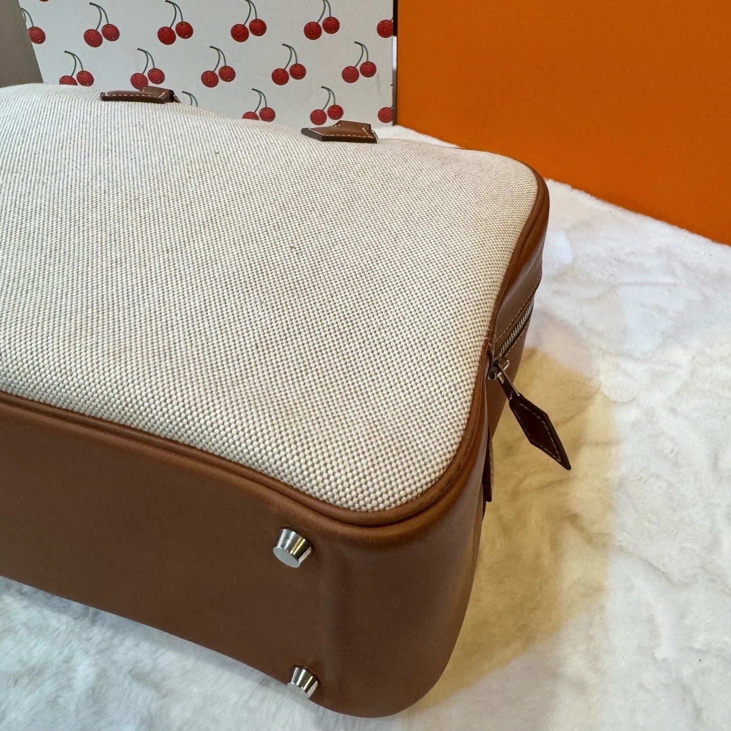 Hermes Plume32 Canvas Top Handle Shoulder Bag Beige Brown Silver Women Classic