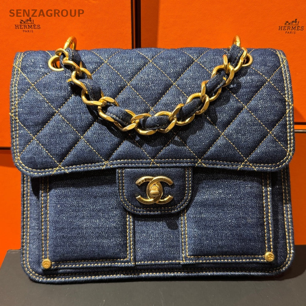 Chanel 23S Denim Quilted Crossbody Bag Blue Gold Women's Shoulder Bag