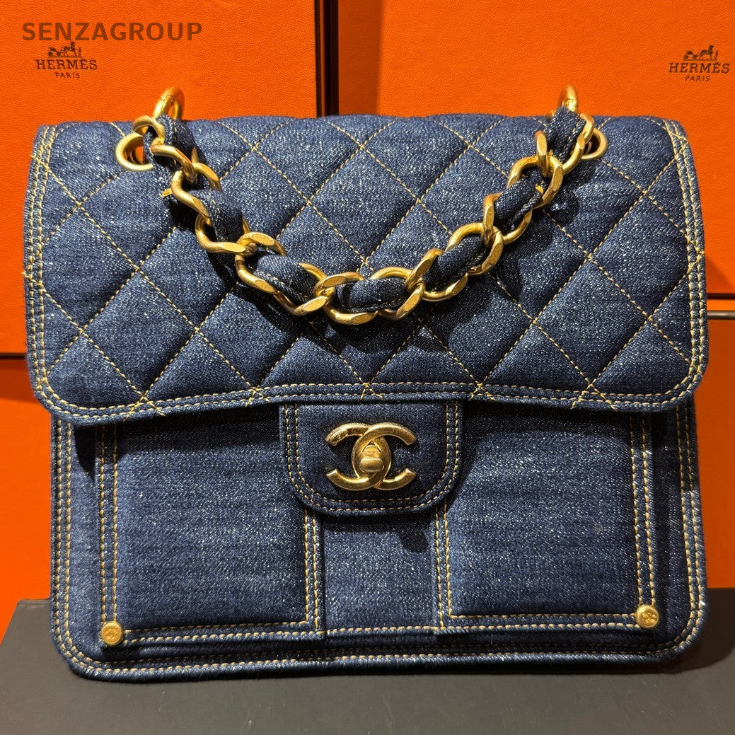 Chanel 23S Denim Quilted Crossbody Bag Blue Gold Women's Shoulder Bag