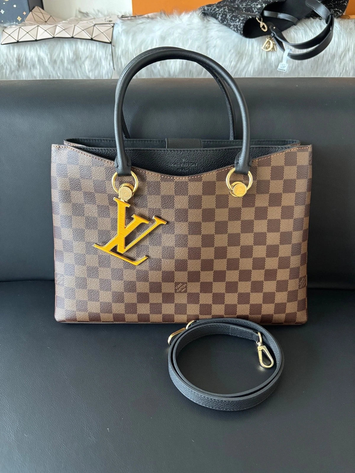 Louis Vuitton Riverside Damier Ebene Tote Top Handle Crossbody Bag Women