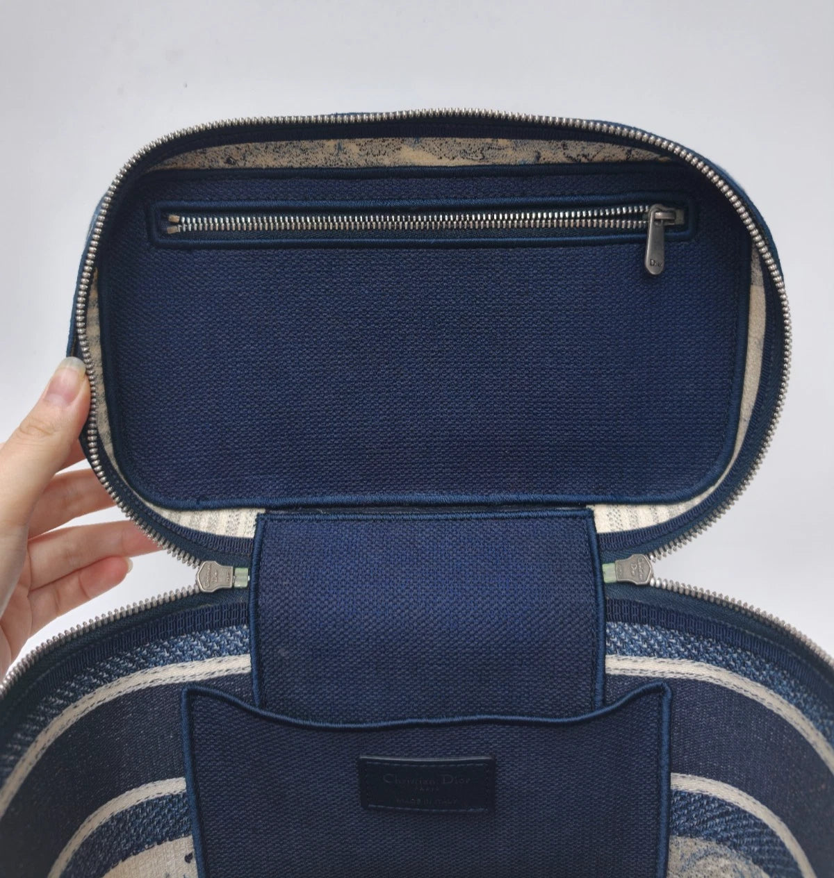 Christian Dior Travel Vanity Case Canvas Top Handle Bag Blue Silver Women