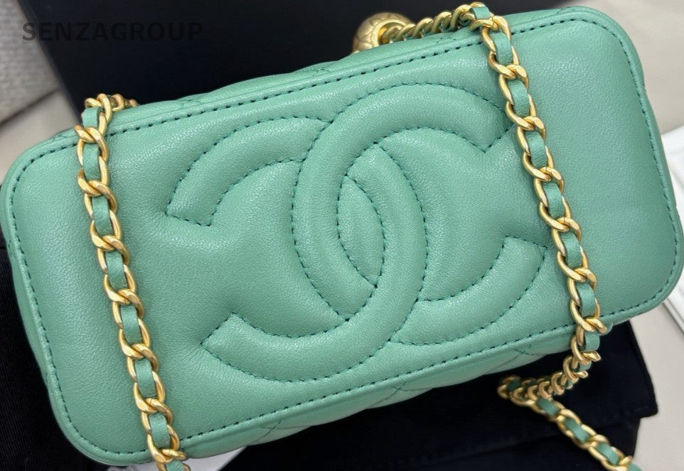 Chanel Chain Diamond Shoulder Bag Crossbody Green Gold Women Classic Zipping