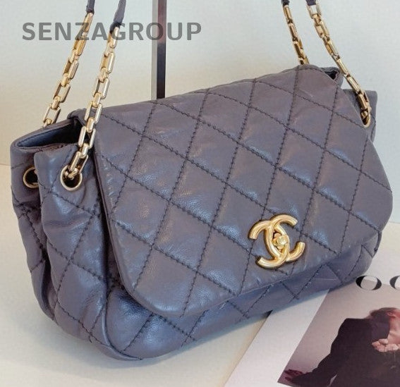 Chanel Calfskin Chain Shoulder Bag Gray Gold Women Classic Fashion