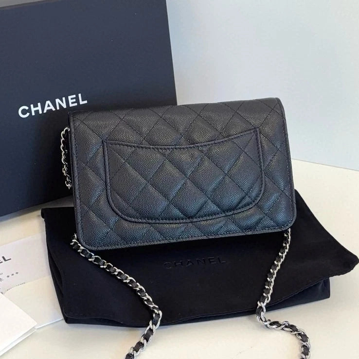 Chanel WOC Diamond Chain Top Handle Shoulder Bag Black Silver Women Classic