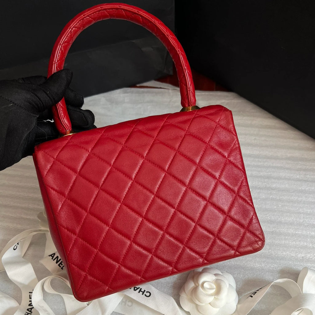 Chanel Kelly Vintage Top Handle Bag Diamond Red Gold Used Women Classic