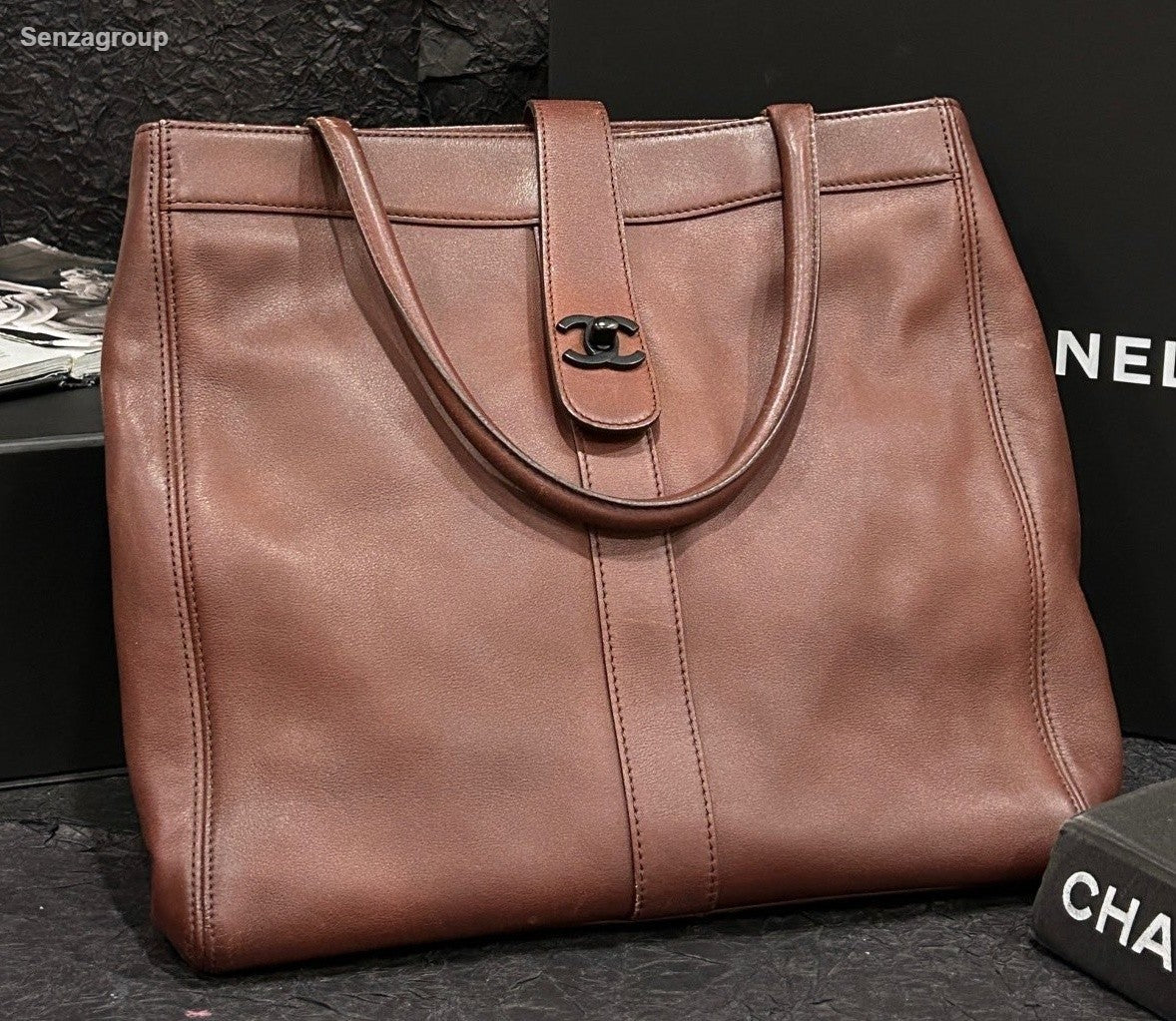 Chanel Tote Vintage Top Handle Bag Brown Black Used Women Classic