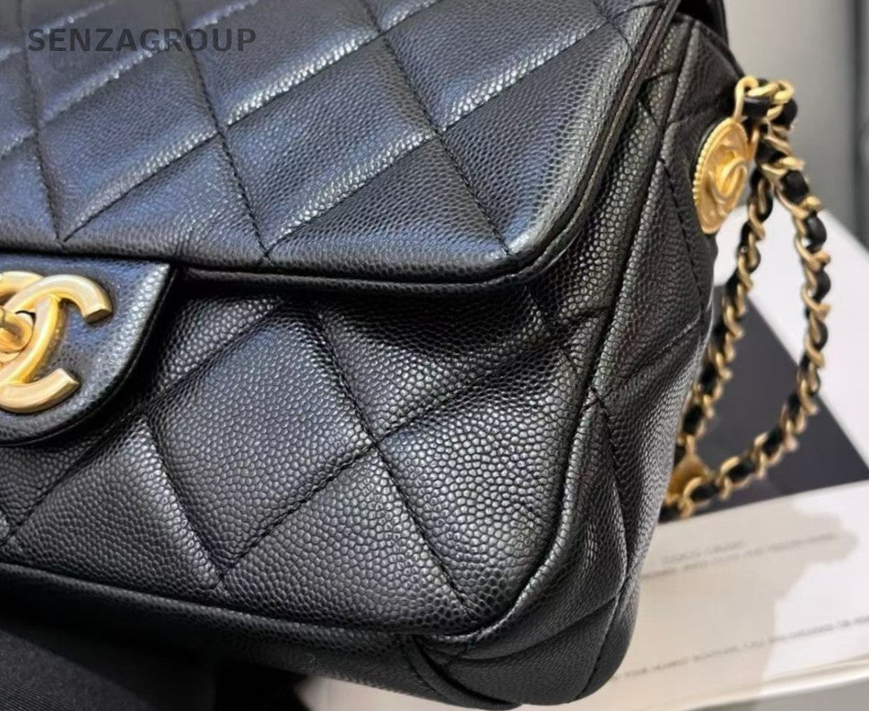 Chanel Calfskin Chain Diamond Shoulder Bag Crossbody Black Gold Women Fashion