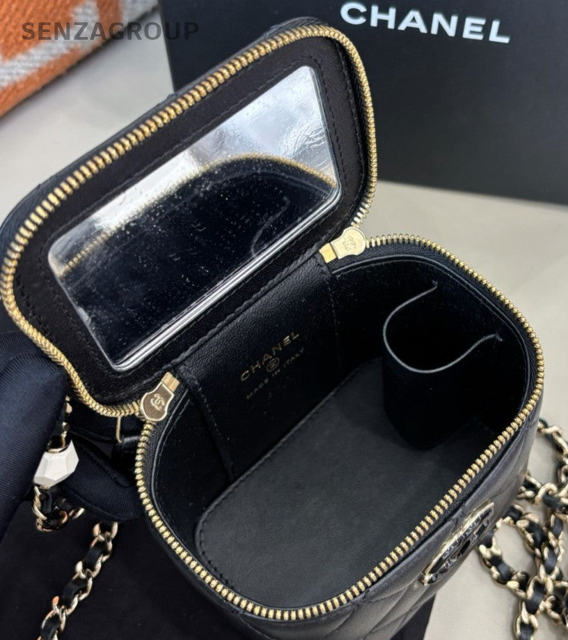 Chanel 23P Mini Chain Box Shoulder Bag Crossbody Black Gold Women Classic