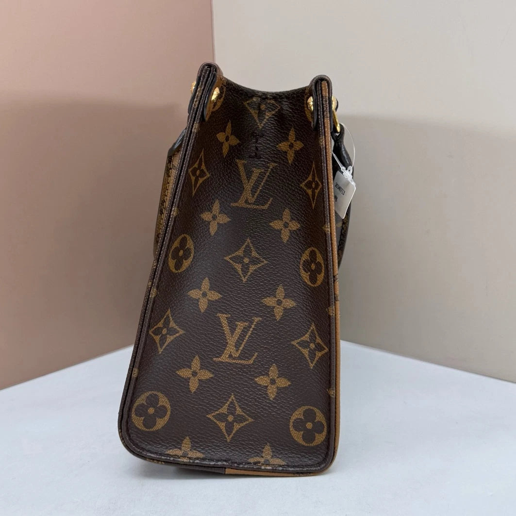 Louis Vuitton Onthego PM Monogram Tote Top Handle Shoulder Bag Brown Gold Women
