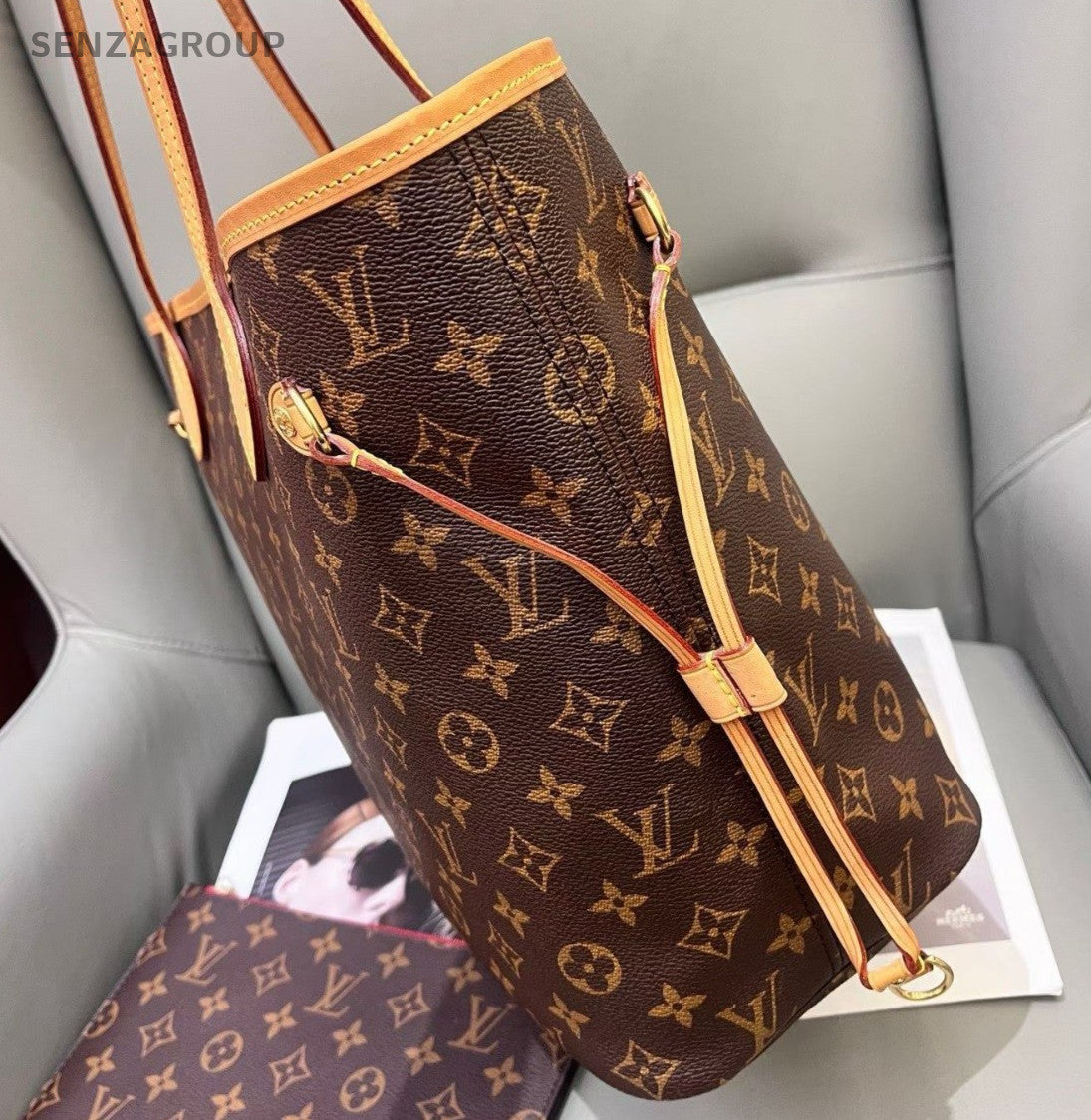 Louis Vuitton Neverfull Monogram Shoulder Bag Brown Gold Women Classic