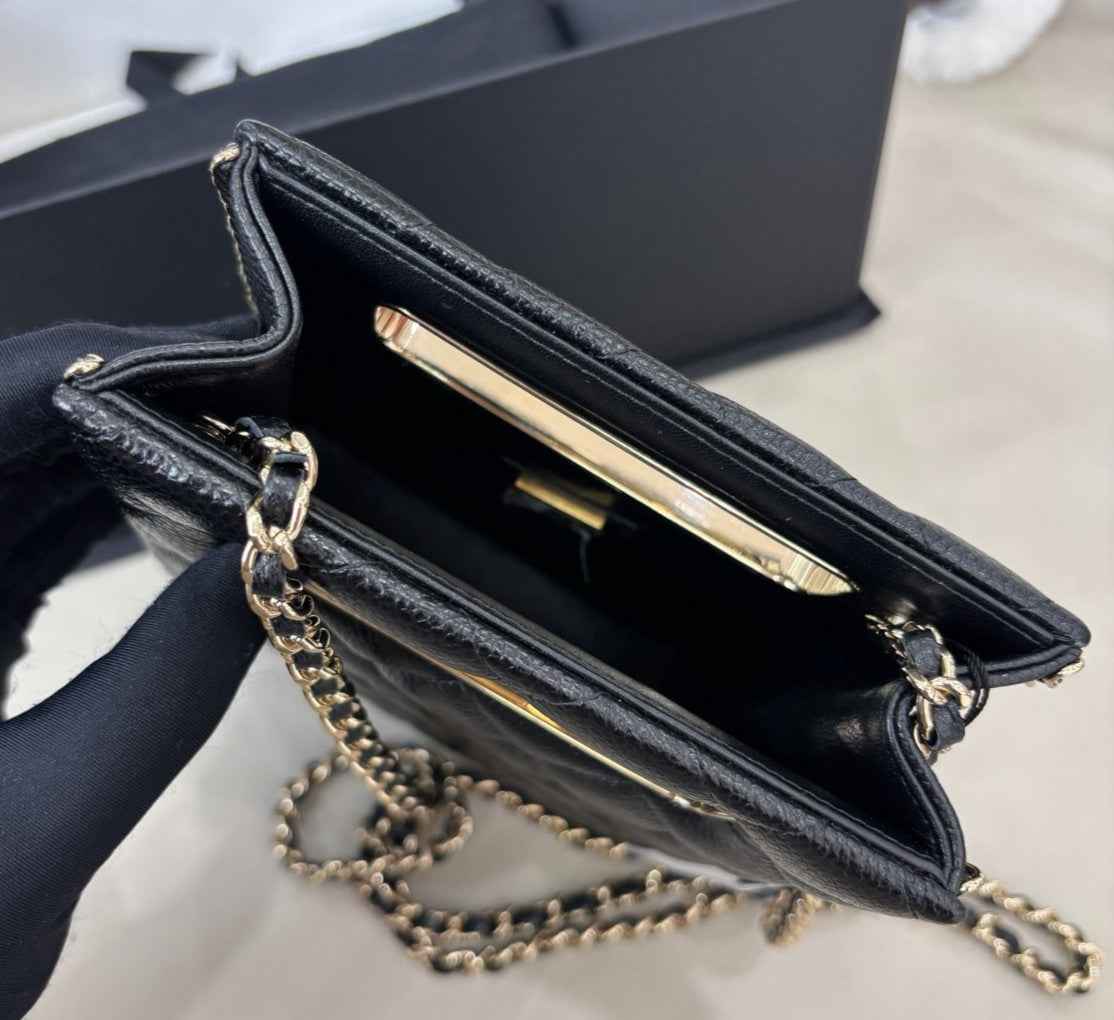 Chanel Lambskin Tote Chain Shoulder Bag Black Gold Diamond Women Classic