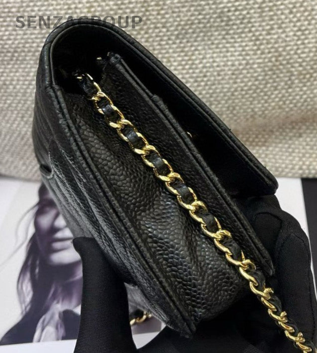 Chanel WOC Diamond Chain Crossbody Shoulder Bag Black Gold Women Classic