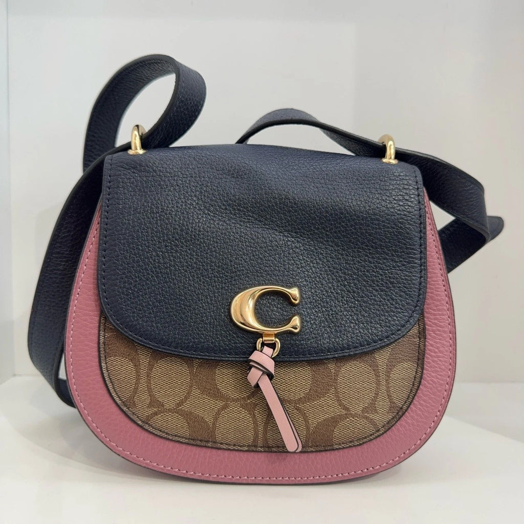 Coach Remi 20 Beige Navy Leather Saddle Crossbody Shoulder Bag For Women