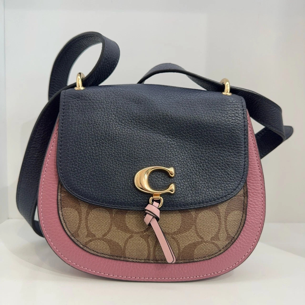 Coach Remi 20 Beige Navy Leather Saddle Crossbody Shoulder Bag For Women