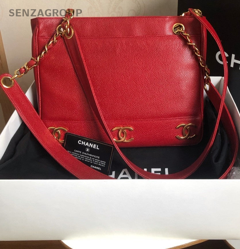 CHANEL Red Gold caviar single-shoulder bag eight logos Women