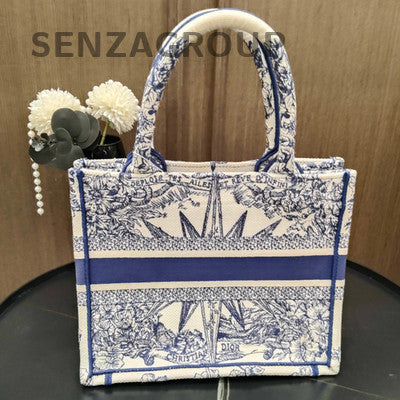 Dior Embroidered Small Tote Bag Blue White Classic Fashion Women