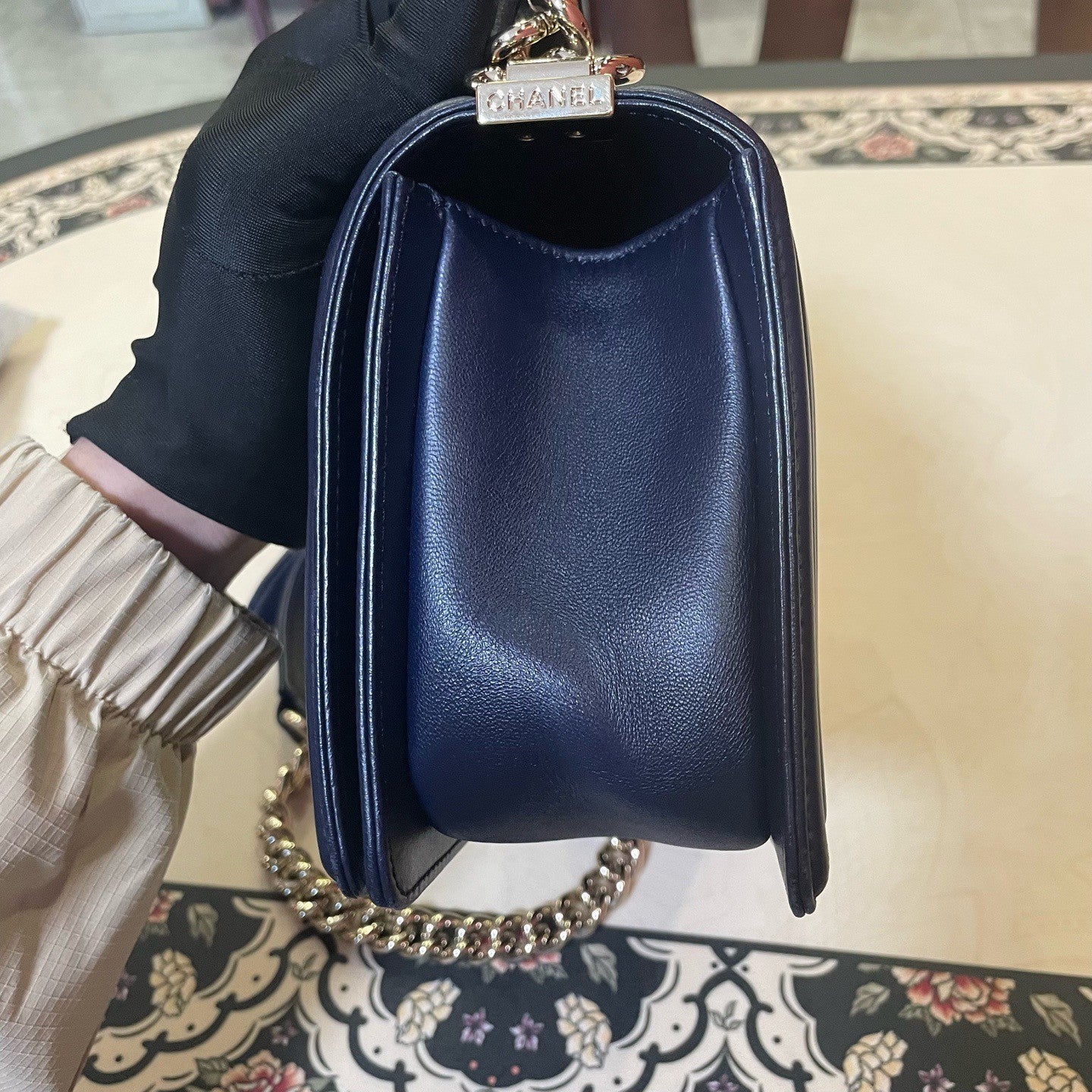 Chanel Leboy MM Lambskin Chain Shoulder Bag Crossbody Blue Gold Women Classic