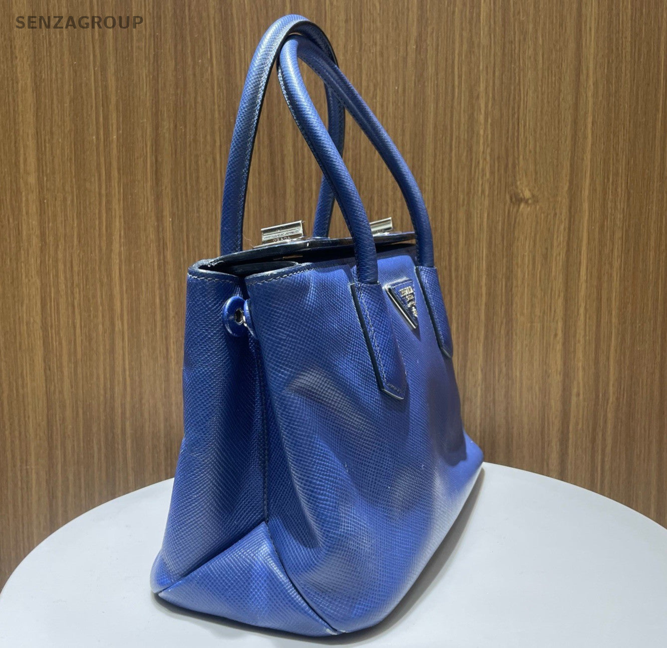 Prada Galleria PM Top Handle Bag Crossbody Blue Silver Women Classic