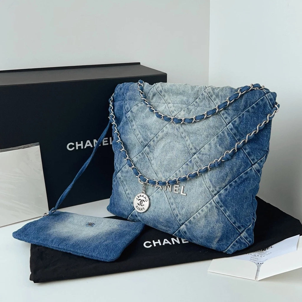 Excellent Chanel 22Bag PM Blue Denim Silver Chain Shoulder Bag Crossbody