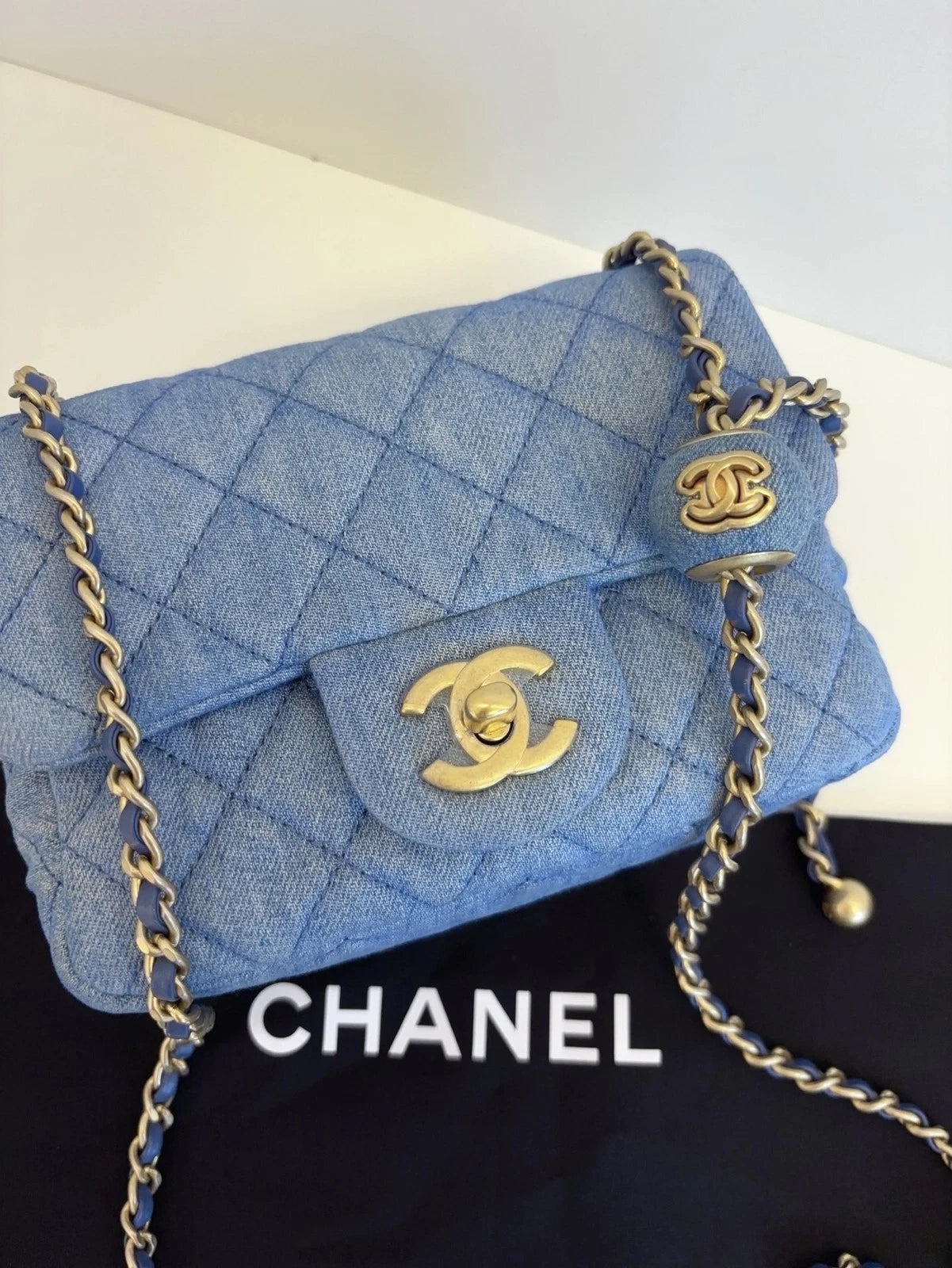 Chanel Classic Flap Denim Chain Shoulder Bag Crossbody Blue Gold Women Fashion