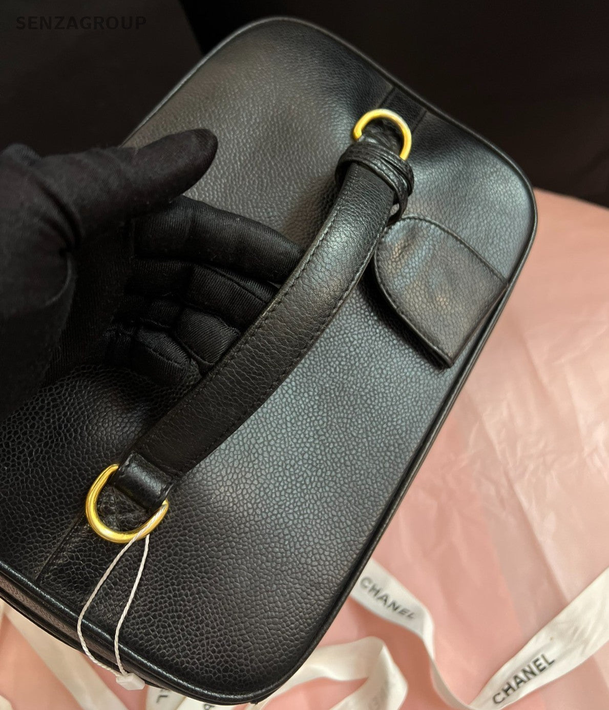 Chanel Vintage GM Calfskin Top Handle Bag Black Gold Used Women Classic