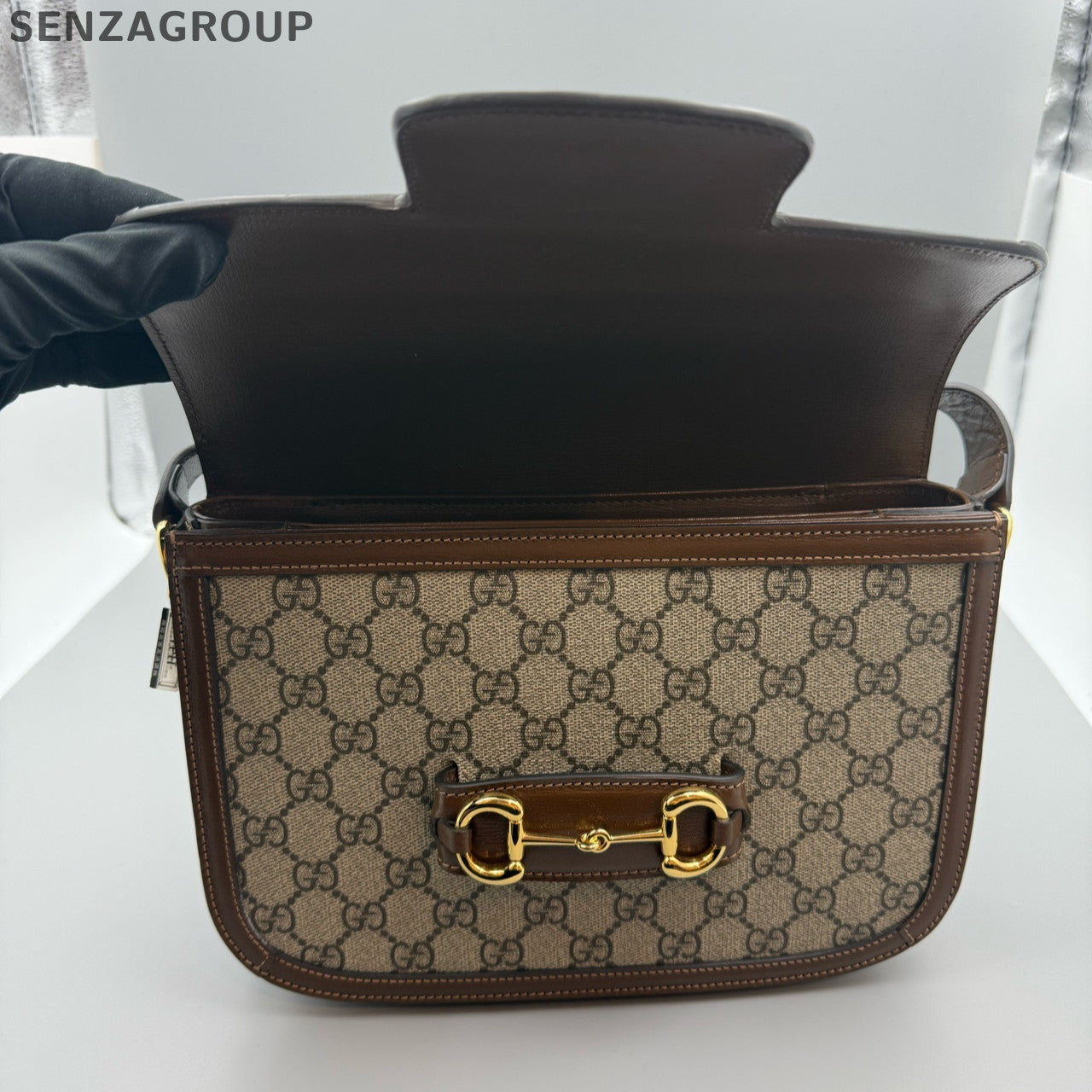 Gucci 1955 GG Supreme Shoulder Bag Brown Gold Buckle Classic Women