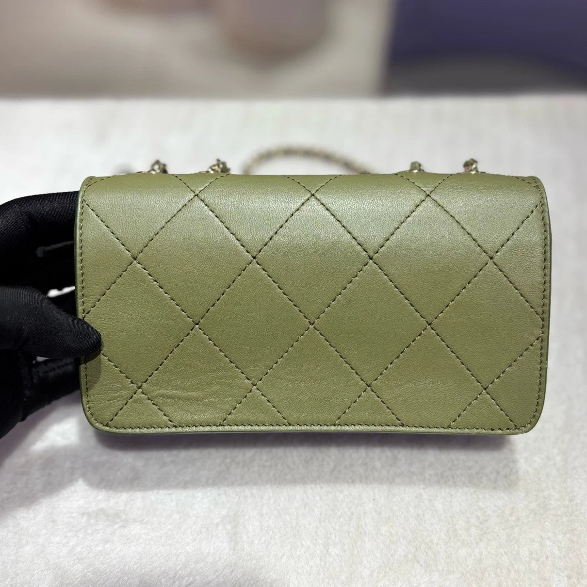 Chanel Diamond Chain Shoulder Crossbody Green Gold Women Classic