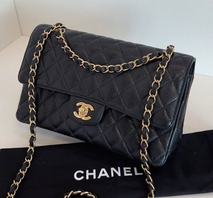 Chanel Classic Flap MM Calfskin Chain Shoulder Bag Crossbody Black Gold Women