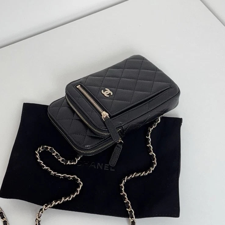 New Chanel Calfskin Phone Bag Gold Chain Black Crossbody Diamond