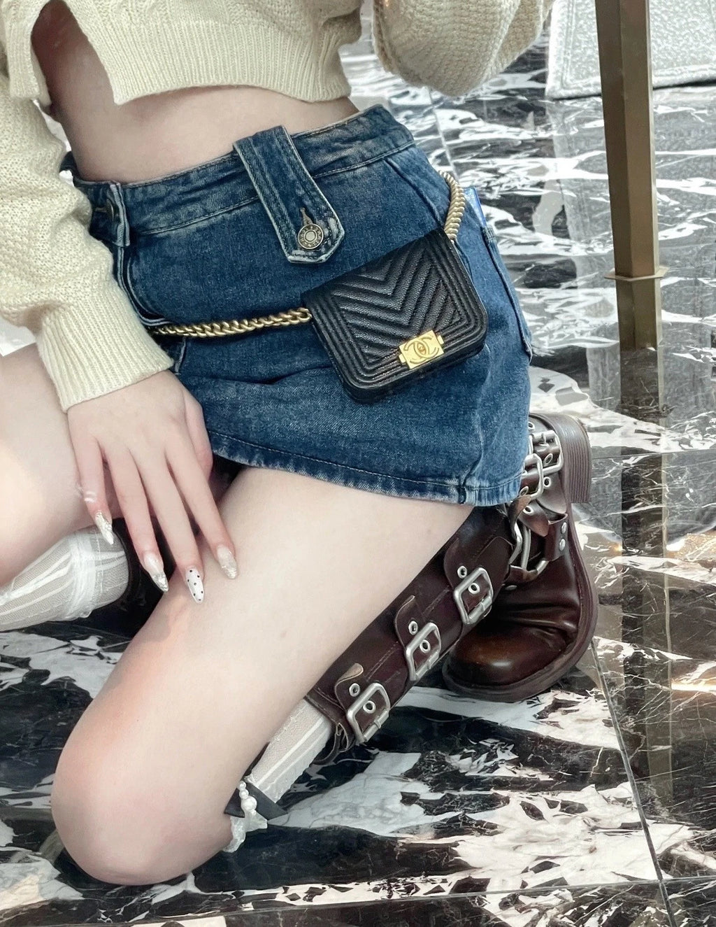 CHANEL Mini LeBoy Black Gold Leather Waist Bag For Women