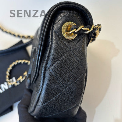 Chanel 23P Quilted Black Caviar Leather Saddle Bag with Chain Strap