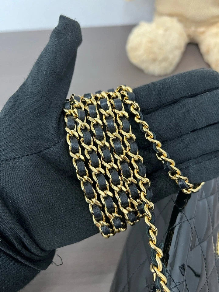 CHANEL Black Gold Patent Leather Mini Crossbody Bag For Women