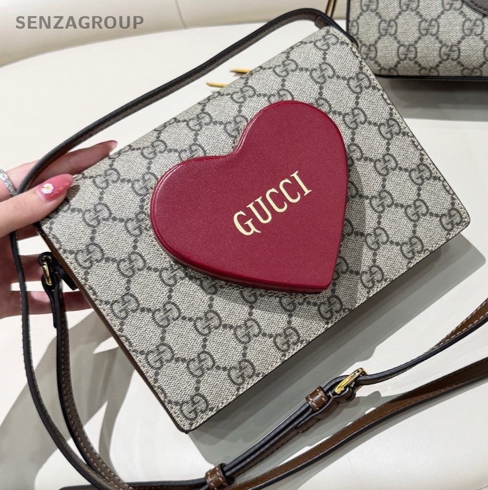 Gucci Loving Heart Crossbody Brown Gold Women Designer