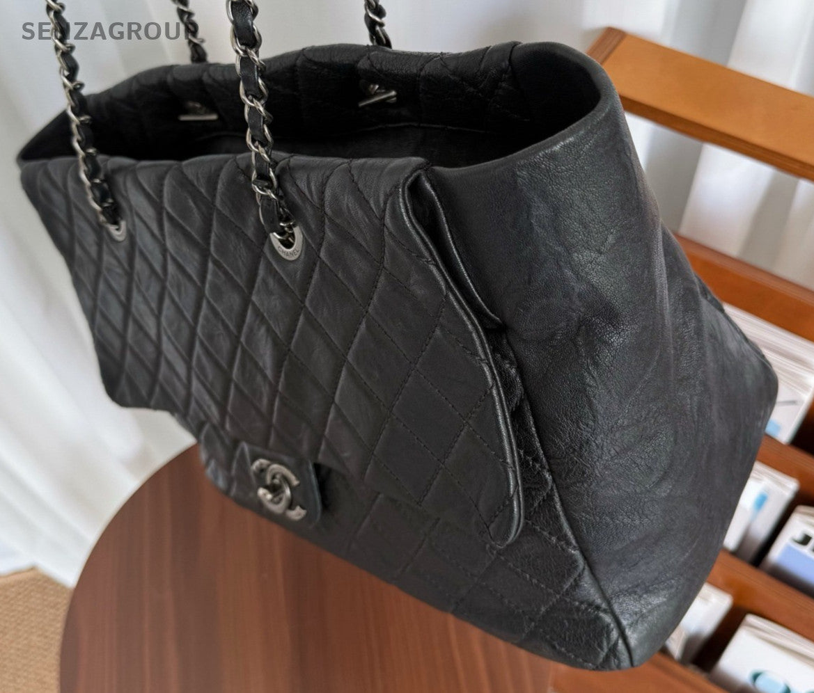 CHANEL Classic Flap Tote Calfskin Chain Shoulder bag Black Silver Women Handbag