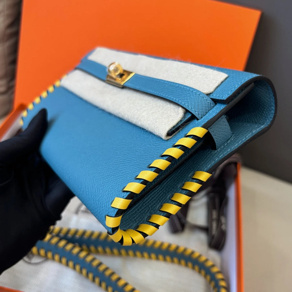 New Hermes Kelly To Go Tressage 2Way Blue Clutch Crossbody Gold Hardware