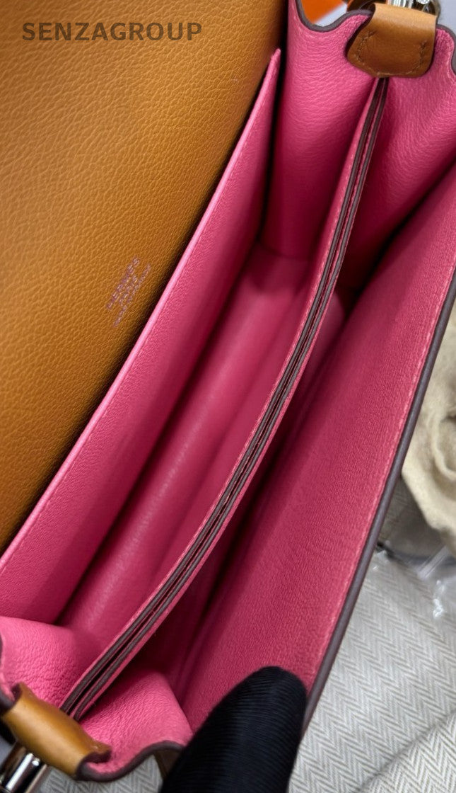 Hermes Mini Roulis 19 Ec Leather Crossbody Brown Pink Silver Women Designer