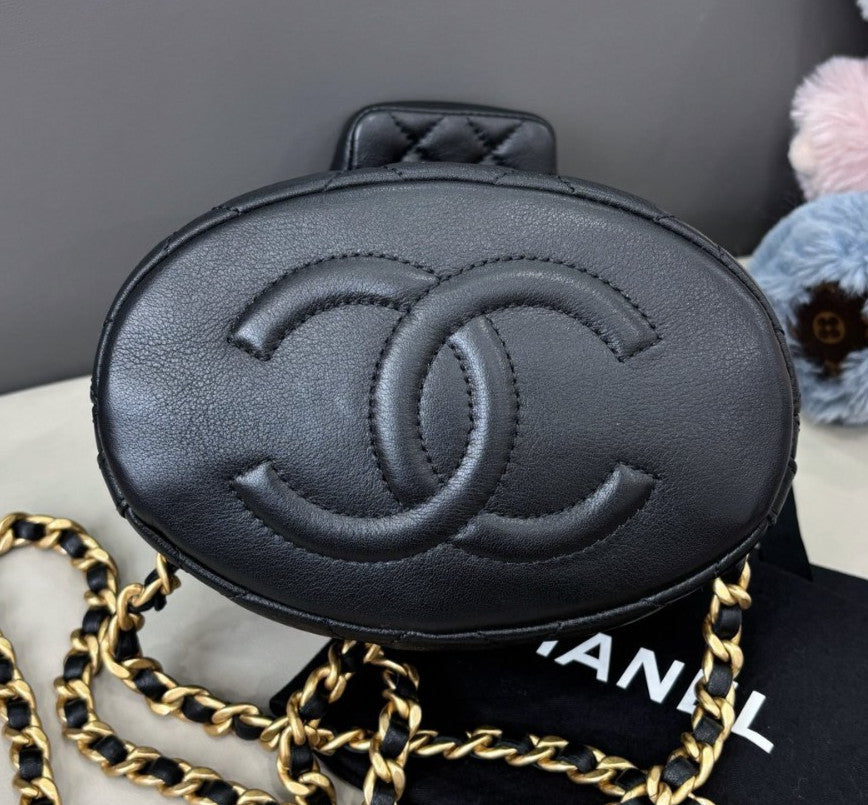 Chanel Calfskin Chain Backpack Black Gold Women Diamond Classic Fashion