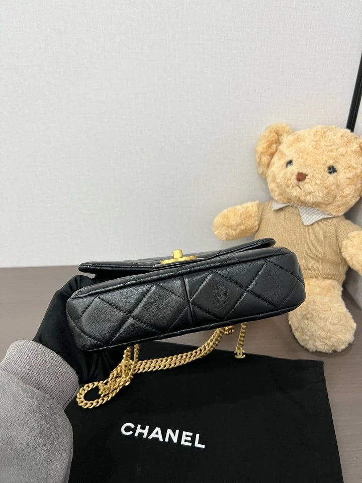 CHANEL Black Gold Lambskin Square Crossbody Bag For Women
