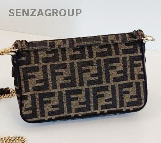 Fendi Baguette Mini Top Handle Bag Chain Crossbody Brown Gold Women Classic