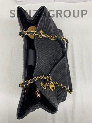 Chanel Black Gold V-Pattern Calfskin Tote Bag with Chain Strap for Women