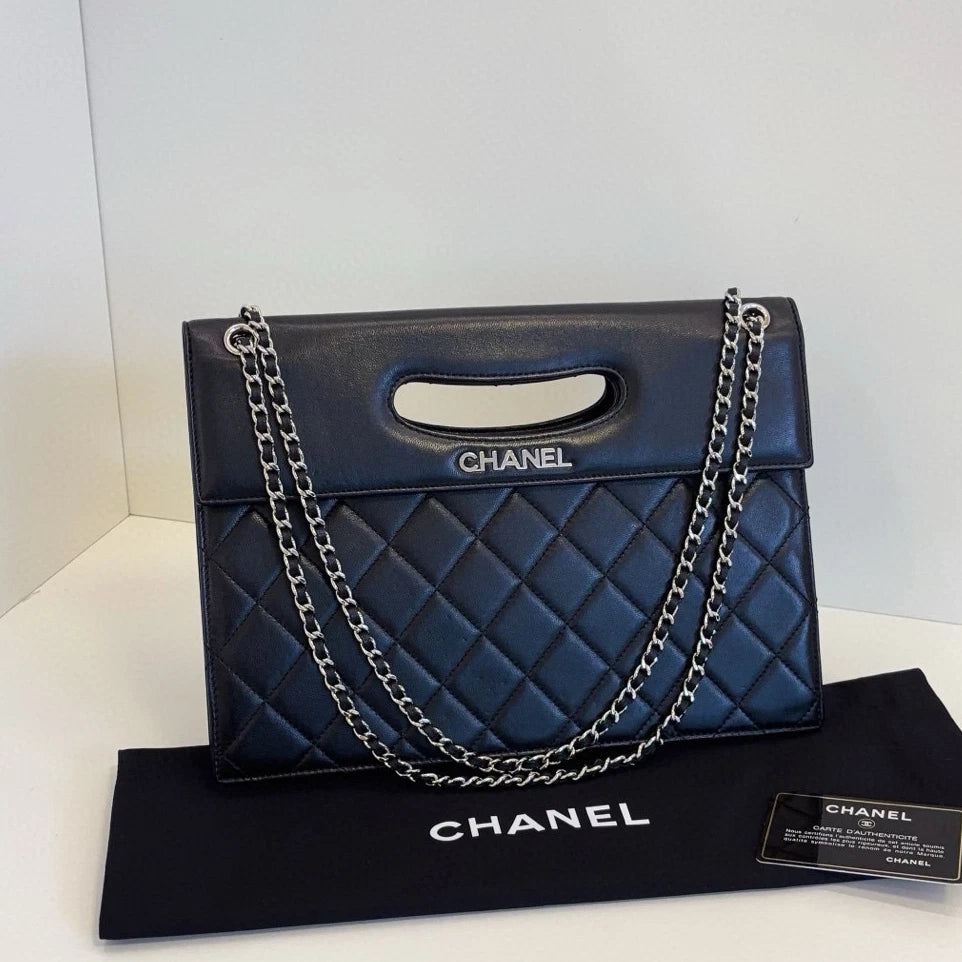 Chanel Diamond Chain Satchel Top Handle Shoulder Bag Black Silver Women Classic