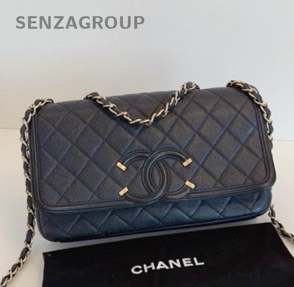 Chanel Classic Flap MM CC Filigree Flag Chain Shoulder Bag Black Women Fashion