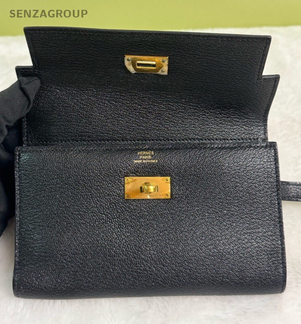 Hermes Kelly Long Wallet Classic Clutch Black Gold Used Women Fashion