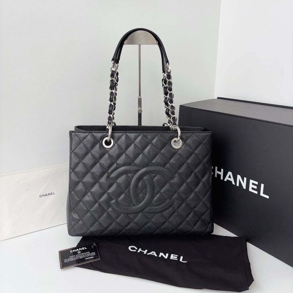 Excellent Chanel GST Calfskin Black Tote Chain Handbag Shoulder Bag CC Logo SHW