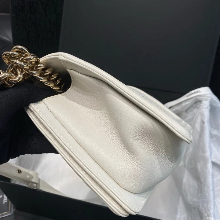 Chanel Leboy MM Calfskin Shoulder Crossbody Bag White Gold Women Fashion D